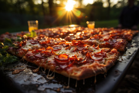 A gelatin pizza at a summer party with river barbecue., generative AIの素材