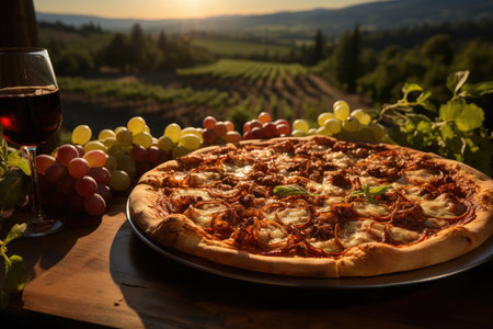 An apple crumble pizza in a coffee shop overlooking a sunflower field., generative AIの素材