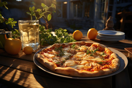 A lemon pizza in a sunny courtyard of a beach house., generative AIの素材