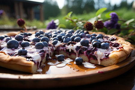 A blueberry pizza in a rustic coffee on a farm., generative AIの素材