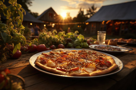 An apple crumble pizza at a farm party with wooden barn., generative AIの素材