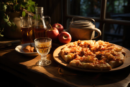 An apple crumble pizza in a coffee with rocking chairs., generative AIの素材