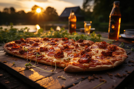 A gelatin pizza at a summer party with river barbecue., generative AIの素材