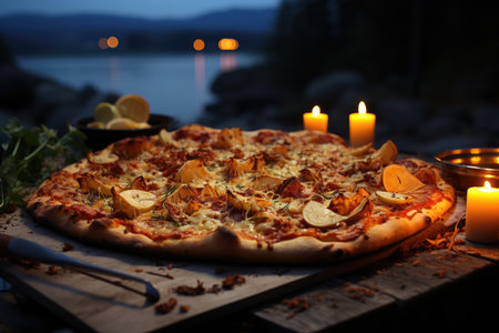 A pear pizza in a picnic on the edge of a quiet lake at night., generative AIの素材