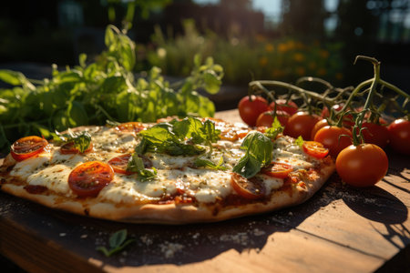 A fresh margherita pizza, with basil and tomato, served in a sunny courtyard., generative IAの素材