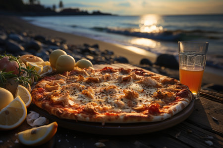 A pizza of pear in a seaside picnic with seagulls flying., generative AIの素材