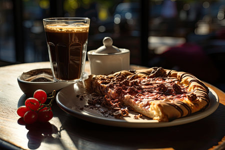 A chocolate pave pizza in a coffee with piano music., generative AIの素材