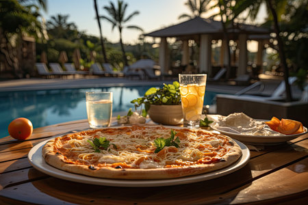 A mango mousse pizza on a pool edge terrace., generative AIの素材