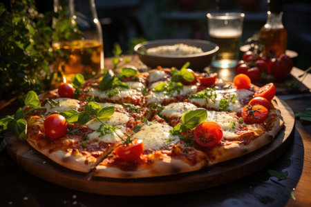 A fresh margherita pizza, with basil and tomato, served in a sunny courtyard., generative IAの素材