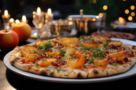 A peach pizza at a Christmas breakfast with flashing lights., generative AIの素材