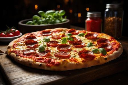 A perfectly baked pepperoni pizza on a rustic wooden table in an Italian pizzeria., generative IAの素材