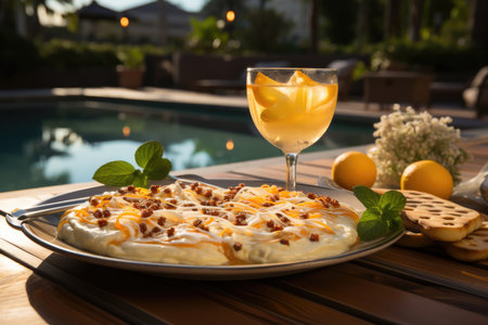 A passion fruit mousse pizza in a brunch by the pool., generative AIの素材