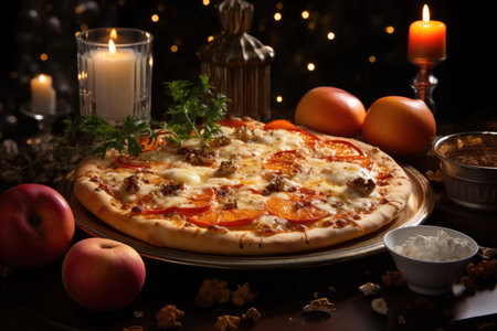 A peach pizza at a Christmas breakfast with gifts under the tree., generative AIの素材