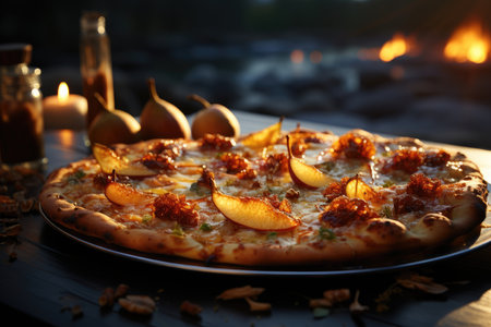 A pear pizza in a restaurant on the edge of a quiet lake., generative AIの素材