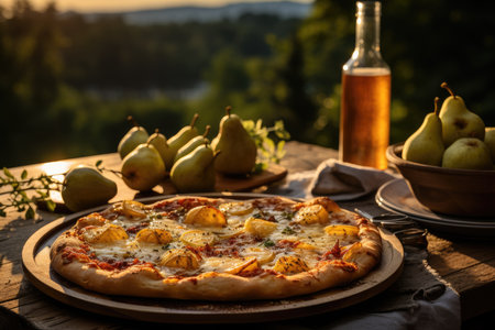A pear pizza in a summer picnic with pool-edge umbrellas., generative AIの素材