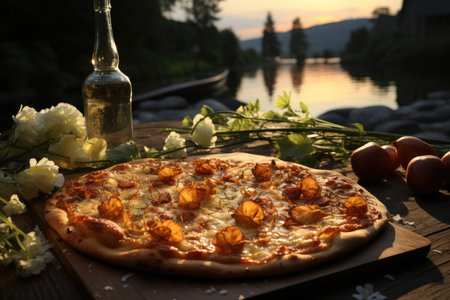 A pear pizza in a picnic on the edge of a quiet lake at night., generative AIの素材