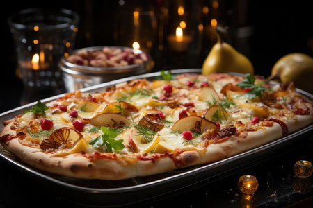 A pear pizza at a Christmas party with bright ornaments., generative AIの素材