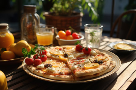 A fruit pie pizza at a summer breakfast on a sunny balcony., generative AIの素材