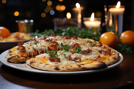 A peach pizza at a Christmas party with illuminated trees., generative AIの素材
