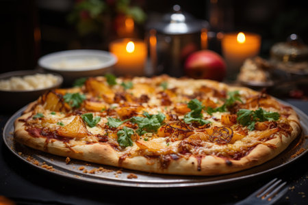 A peach pizza at a Christmas party with sparkling lights., generative AIの素材