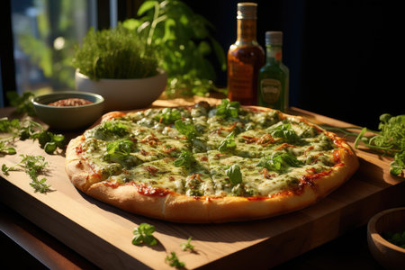 A pizza of pesto with vibrant green sauce served in a modern kitchen., generative IAの素材