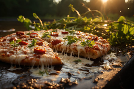 A vanilla pudding pizza in a picnic next to a stream., generative AIの素材