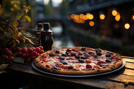 A cherry pie pizza in a coffee by the river with a stone bridge., generative AIの素材