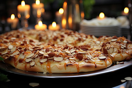 A vanilla pudding pizza at a formal dinner with silver cutlery., generative AIの素材