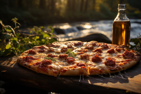 A vanilla pudding pizza in a picnic next to a stream., generative AIの素材