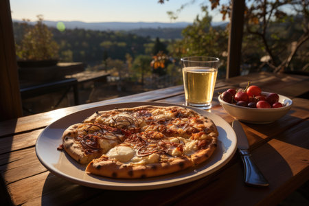 A cherry pie pizza in an outdoor cafe overlooking the hills., generative AIの素材