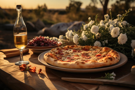 A vanilla pudding pizza in a picnic in a winery., generative AIの素材