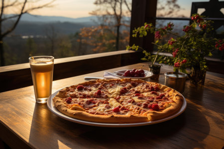 A cherry pie pizza in an outdoor cafe overlooking the mountain., generative AIの素材