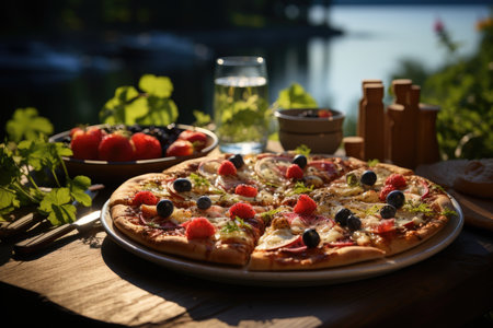 A fruit pie pizza in a brunch by a serene lake., generative AIの素材