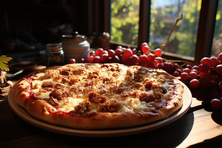 A fruit pie pizza in a fall brunch with falling leaves., generative AIの素材
