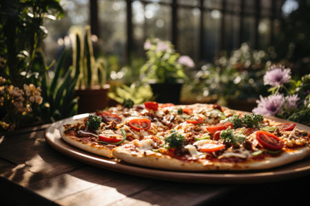 A salad pizza in an outdoor brunch in a botanical garden., generative AIの素材