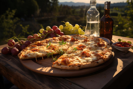 A vanilla pudding pizza in a picnic in a winery., generative AIの素材