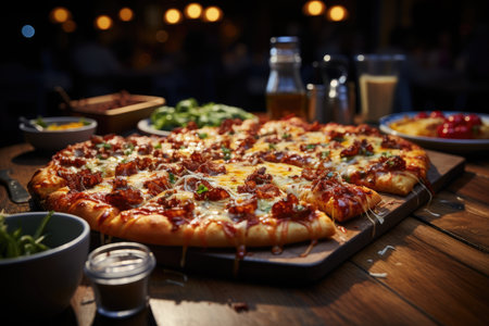 A Pepper Jack cheese pizza in a sports bar with giant screens., generative AIの素材
