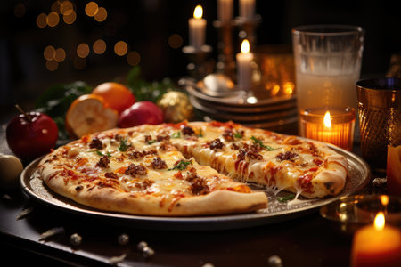 A peach pizza at a Christmas party with decorated trees., generative AIの素材