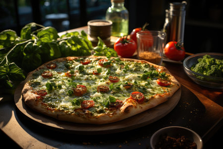 A pizza of pesto with vibrant green sauce served in a modern kitchen., generative IAの素材