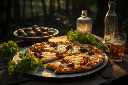 A vanilla pudding pizza on a picnic in the shadow of a tree., generative AIの素材