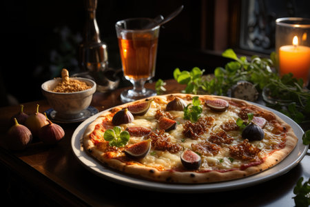 A goat and fig cheese pizza in a chic Parisian coffee., generative AIの素材