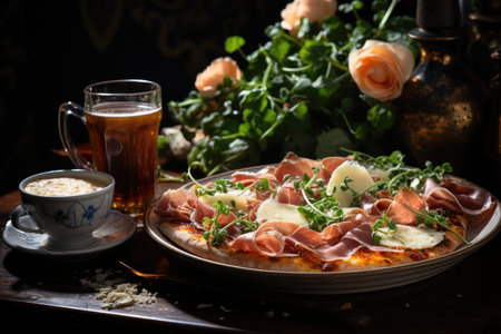 A pizza of arugula and prosciutto in a European coffee by a square., generative AIの素材