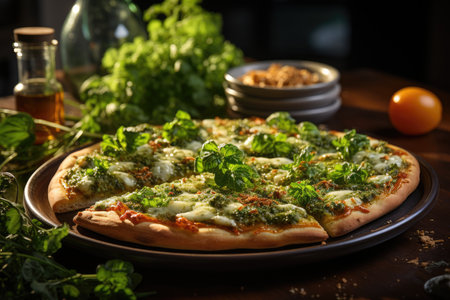A pizza of pesto with vibrant green sauce served in a modern kitchen., generative IAの素材