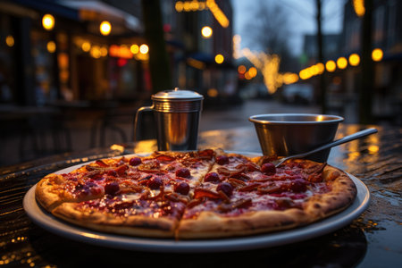 A cherry pie pizza in a street cafe with outdoor tables., generative AIの素材