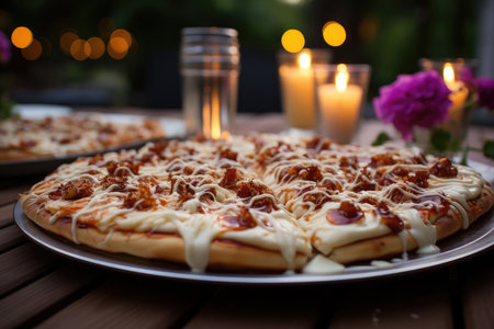 A vanilla pudding pizza at a graduation party in a garden., generative AIの素材