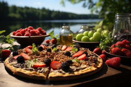 A fruit pie pizza in a brunch by a serene lake., generative AIの素材