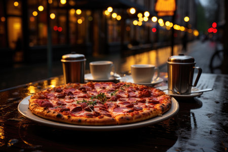 A cherry pie pizza in a street cafe with outdoor tables., generative AIの素材