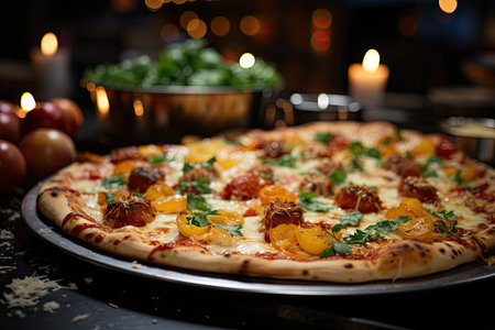 A peach pizza at a Christmas party with illuminated trees., generative AIの素材