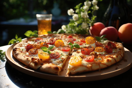 A peach pizza at a summer party in an orchard., generative AIの素材