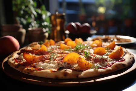 A fruit pie pizza at a summer breakfast on a sunny balcony., generative AIの素材